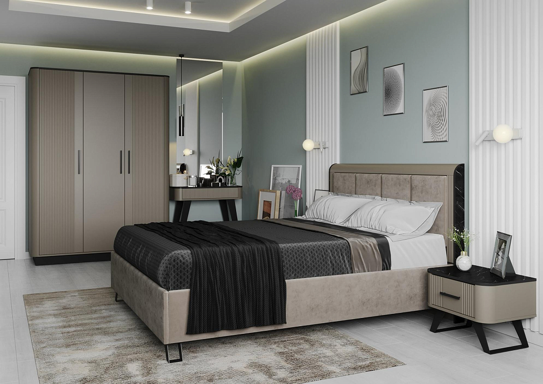 Спальный гарнитур Фиделия серый камень/мрамор черный/ДВПО серый камень/ПВХ серый камень/профиль masa decor серый камень