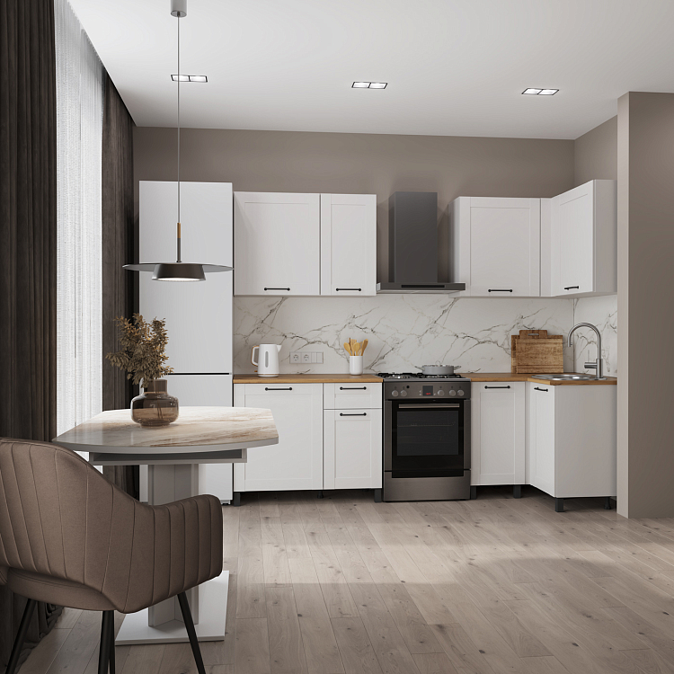 Кухня Аризона (угол) белый/столешница дуб вотан/ДВПО белый/ПВХ софт белый 0,3мм/профиль ПВХ белый О